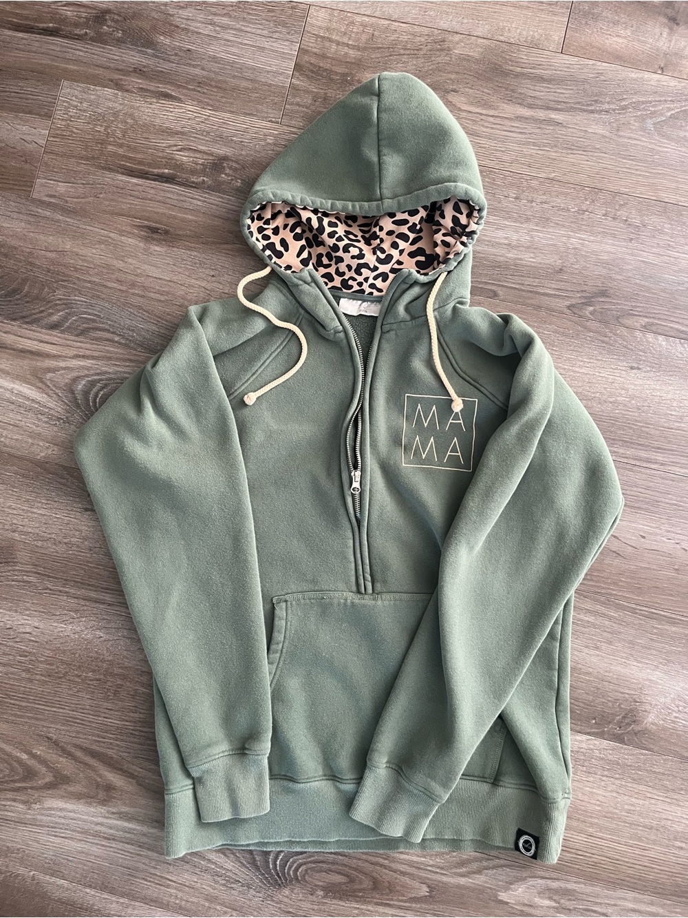 Ashco Mama Olive Green Half-Zip Hoodie with Leopard Lining